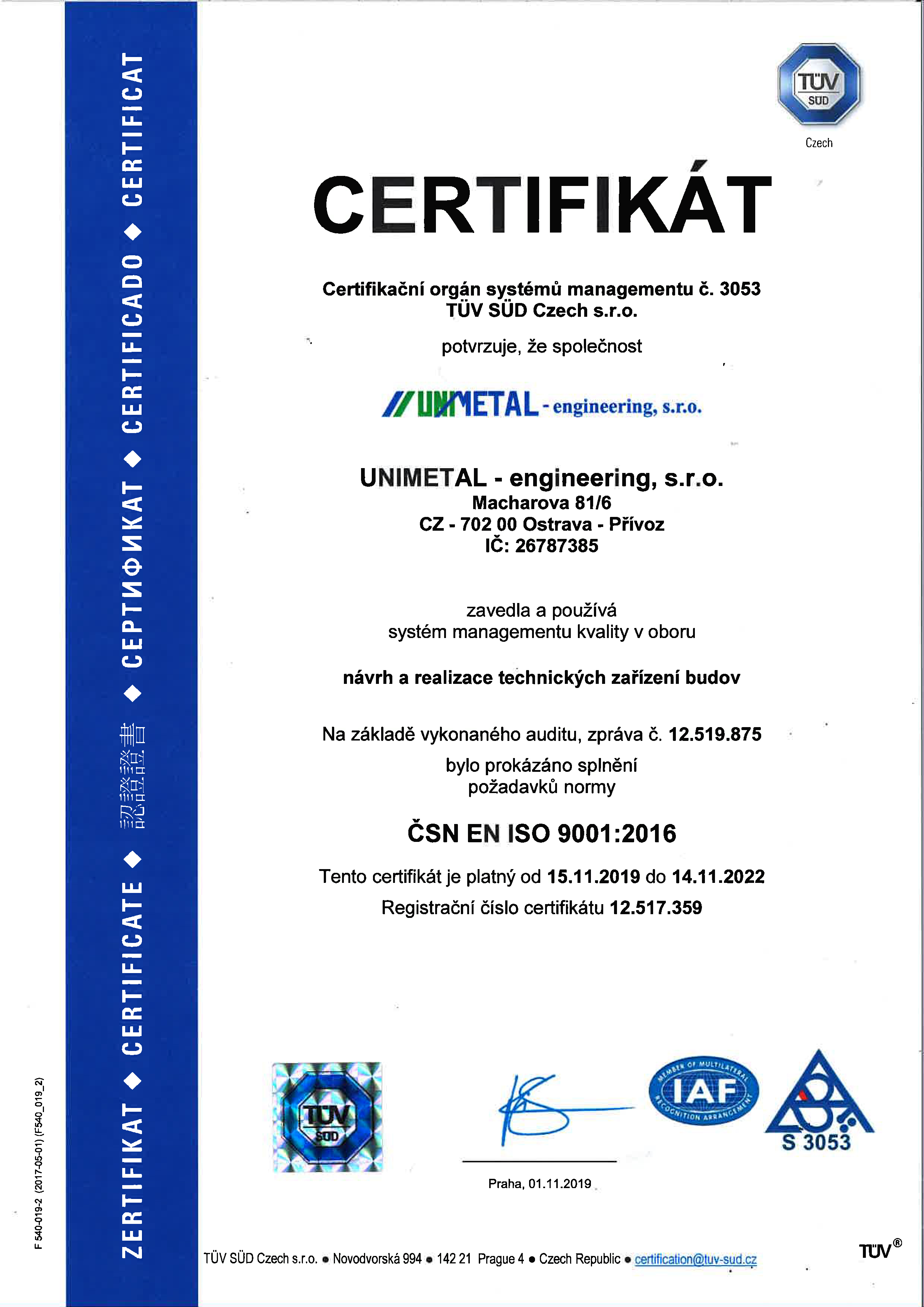 Certifikace dle ČSN EN ISO 9001:2016