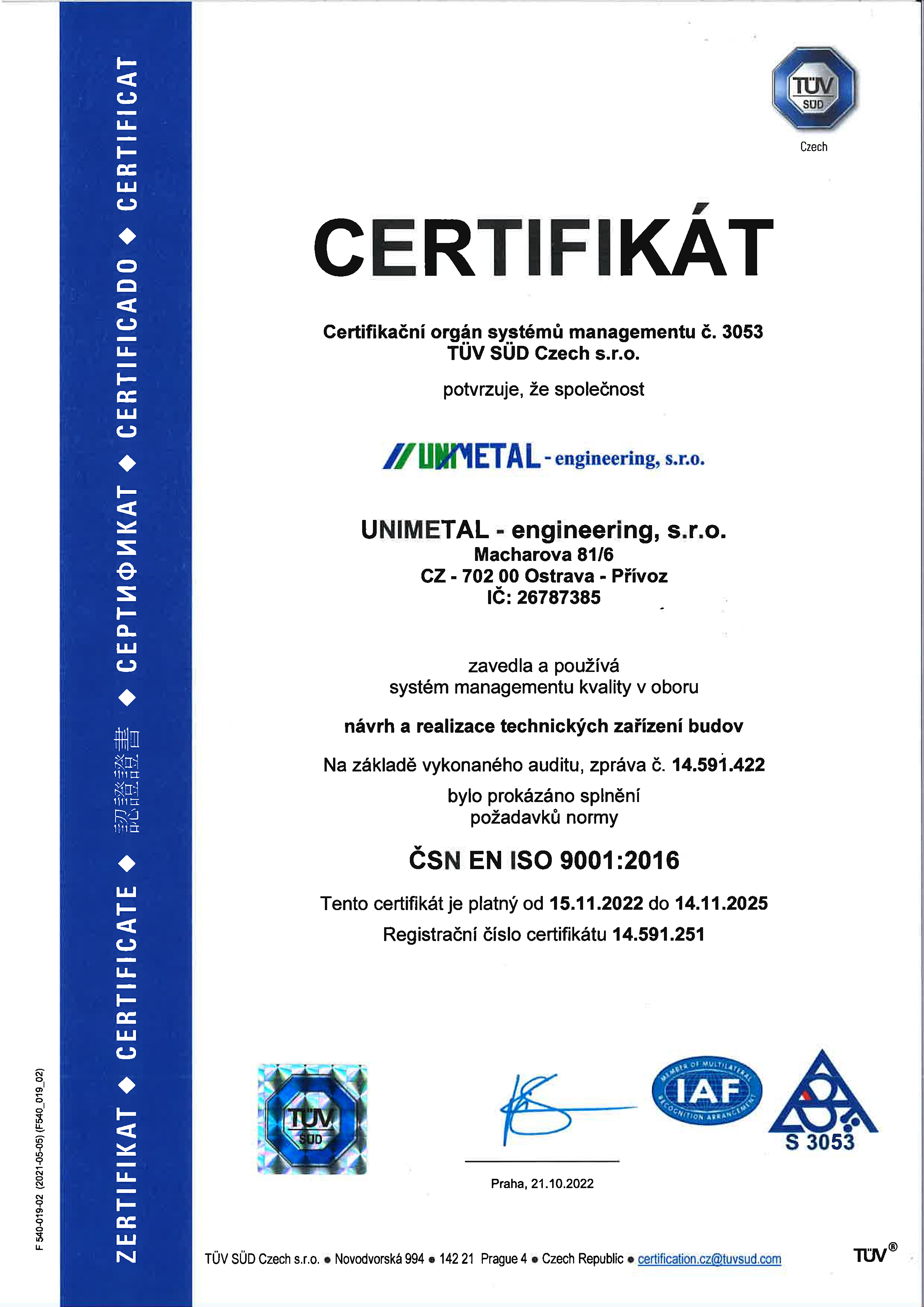 Certifikace dle ČSN EN ISO 9001:2016