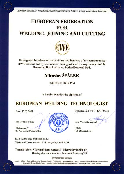 Certifikat European welding technologist